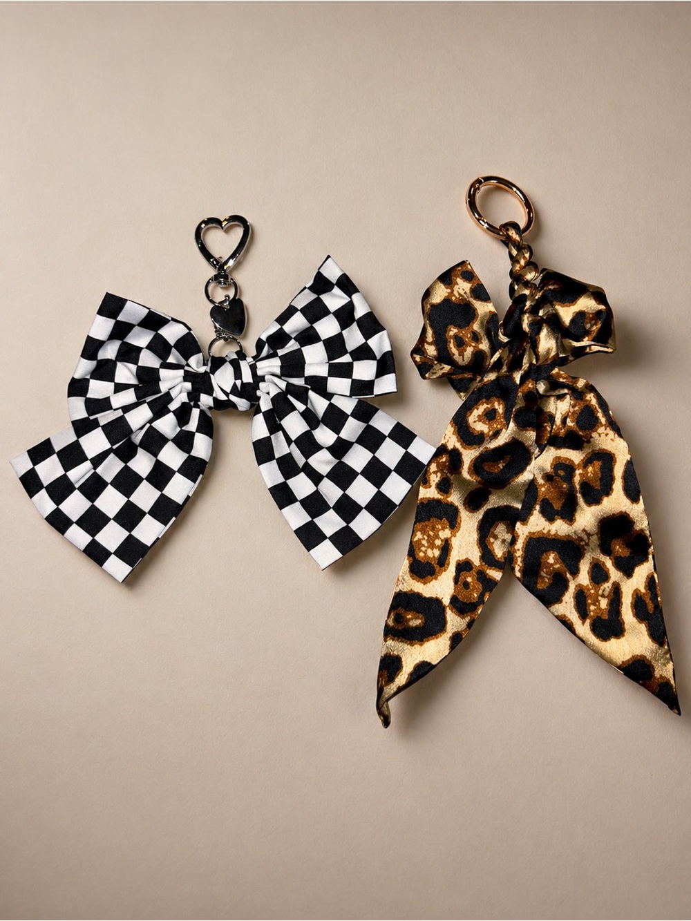 2Pc Bow Bag Charm Keychain Set Checkered & Leopard Print Purse Charm Coquette